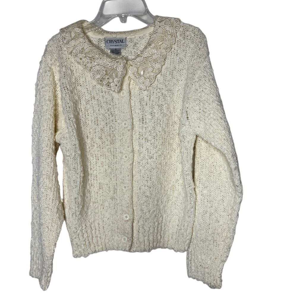 Vintage Womens Knit Sweater Cardigan Lace Eyelet Cottagecore Coquette Grannycore